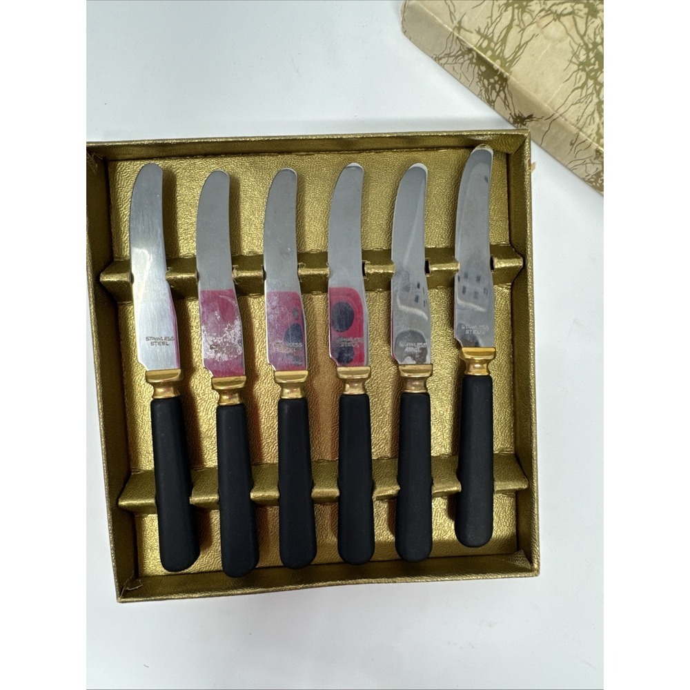 VTG "Dinkee Knife Spreader Set 6 Stainless Steel Butter Jam Cheese NEW MCM Black